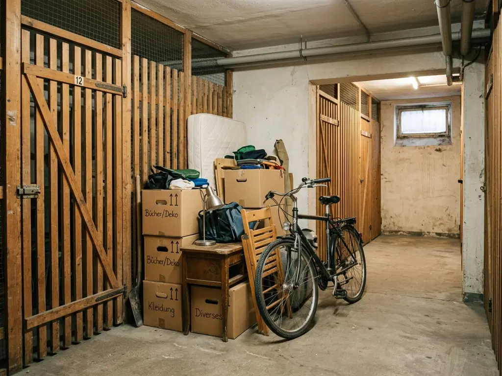 Kellerabteil in einem Münchner Mehrfamilienhaus mit gestapelten Umzugskartons, alten Möbeln und einem Fahrrad vor der Entrümpelung