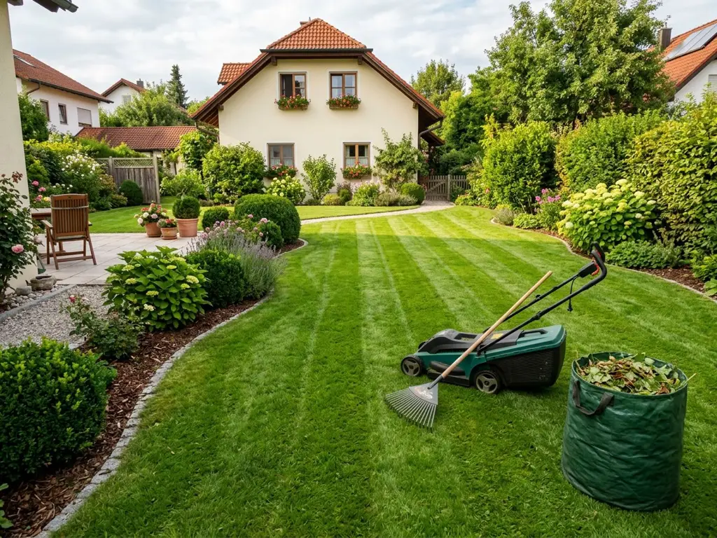 Frisch gemähter Rasen mit Mähstreifen in einem gepflegten Garten am Stadtrand von München, daneben Rasenmäher, Rechen und ein Laubsack