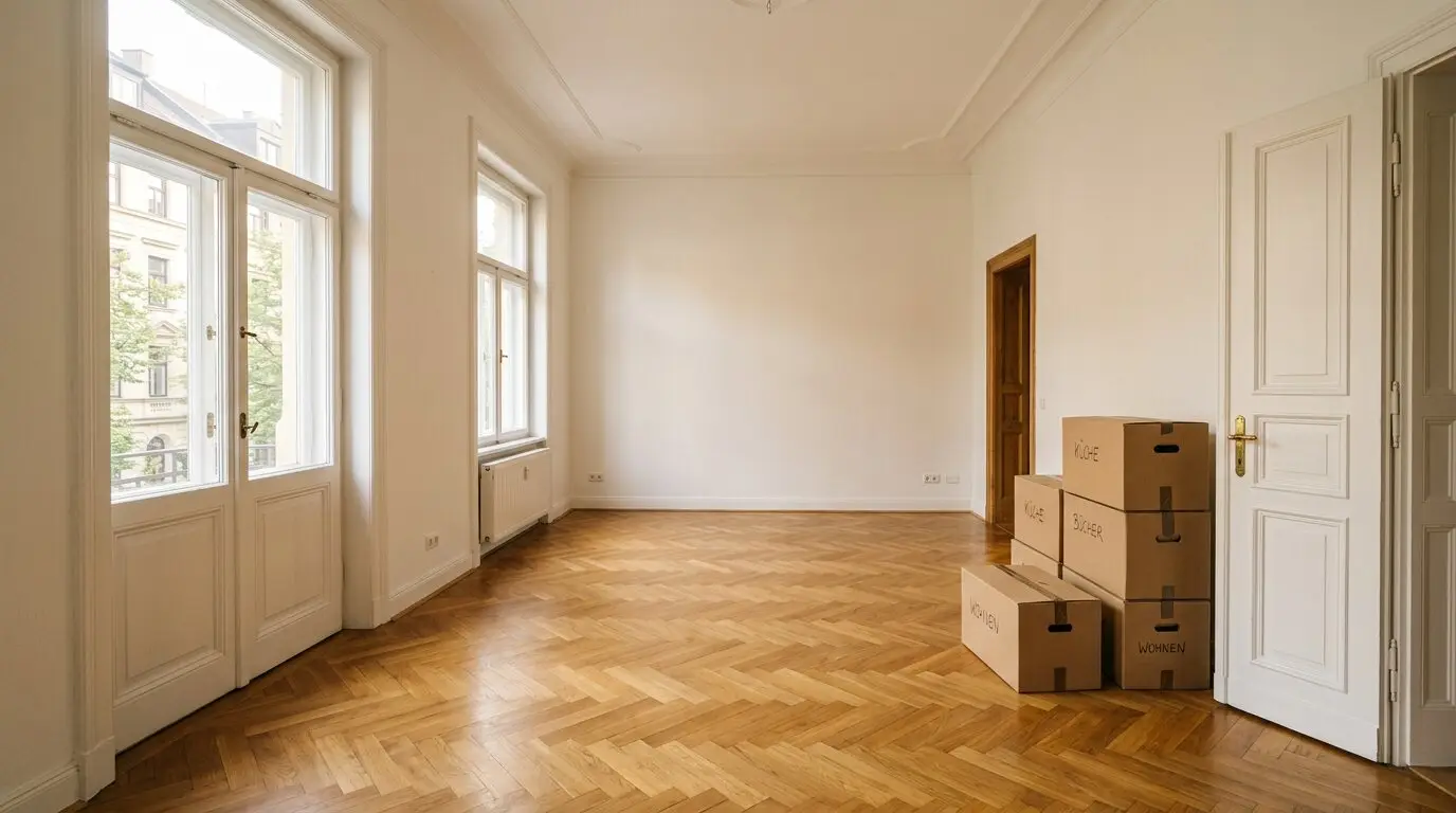 Helle, leer geräumte Altbauwohnung in München mit Fischgrätparkett und gestapelten Umzugskartons nach einer Wohnungsauflösung
