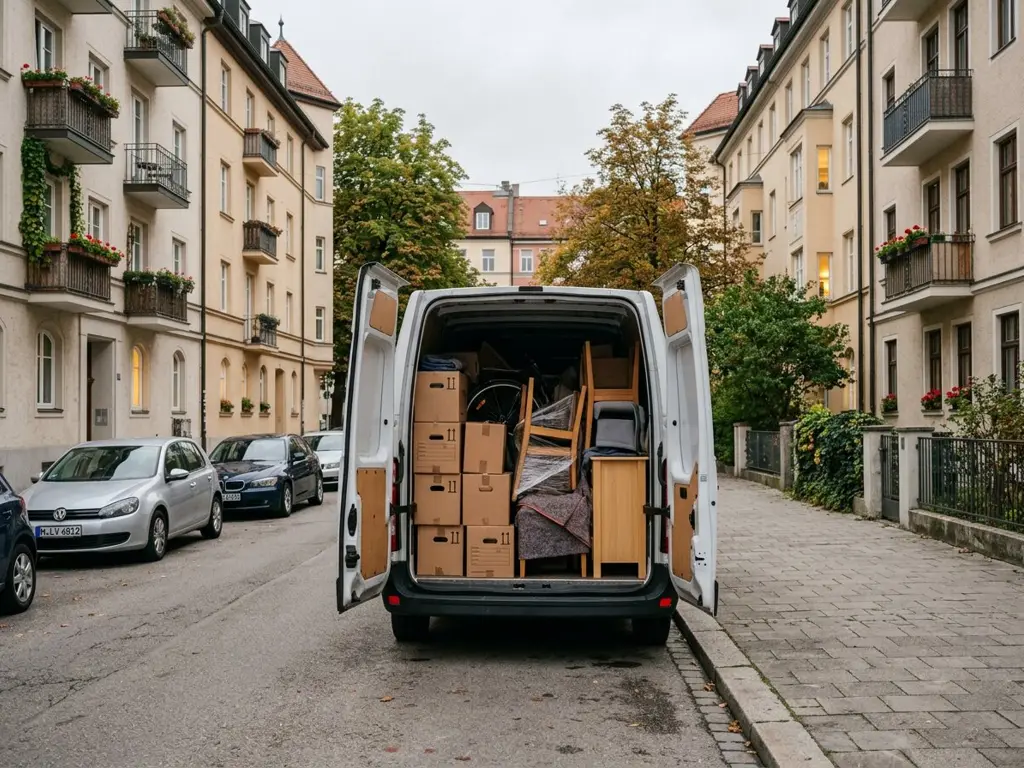 Transporter mit geöffneten Hecktüren und verladenen Möbeln und Kartons in einer Münchner Wohnstraße