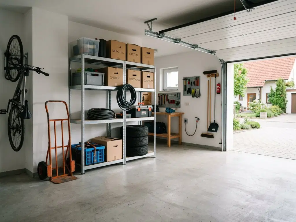 Aufgeräumte Garage eines Einfamilienhauses mit Regal, beschrifteten Kisten und Sackkarre bei geöffnetem Garagentor