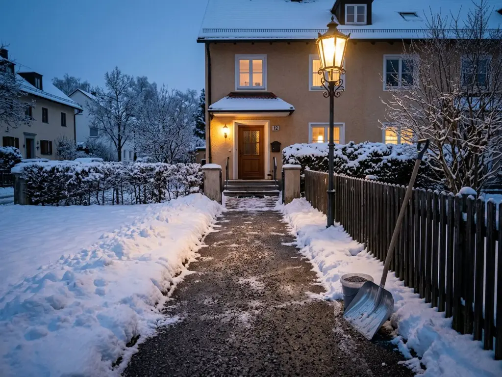 Geräumter und mit Splitt gestreuter Gehweg vor einem Wohnhaus in München im Winter, Schnee seitlich aufgeschoben, Schneeschaufel am Zaun