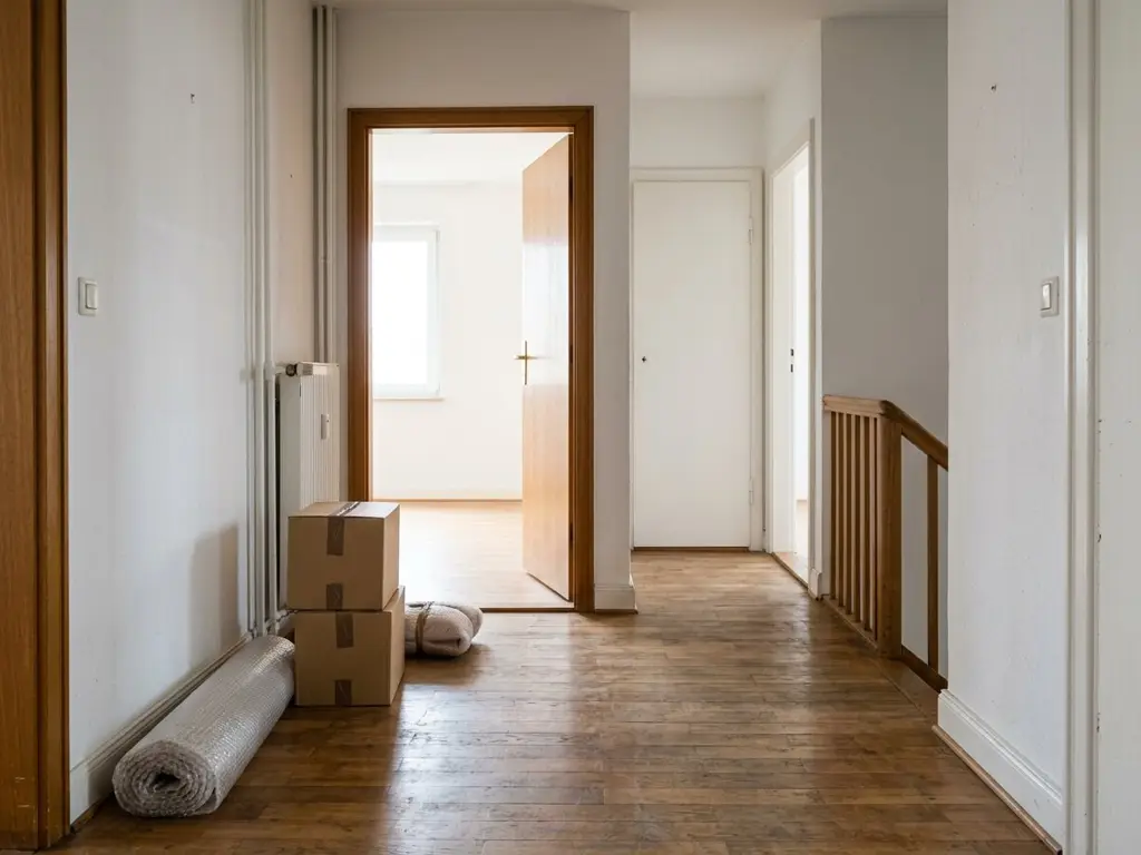 Leerer Flur einer Wohnung nach der Wohnungsauflösung mit Holzboden, weißen Wänden und offener Tür zu einem hellen Zimmer
